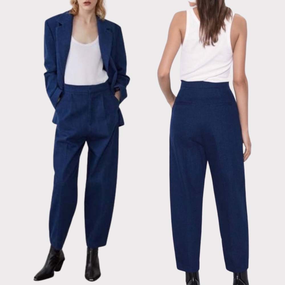 Zara Navy Blue High-Waist Tapered Trousers